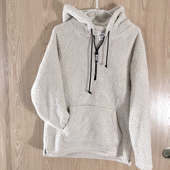 VS PINK Cream Thick Oversized Pullover Hoodie 1/4 Zip Jacket - Picture 1 of 4